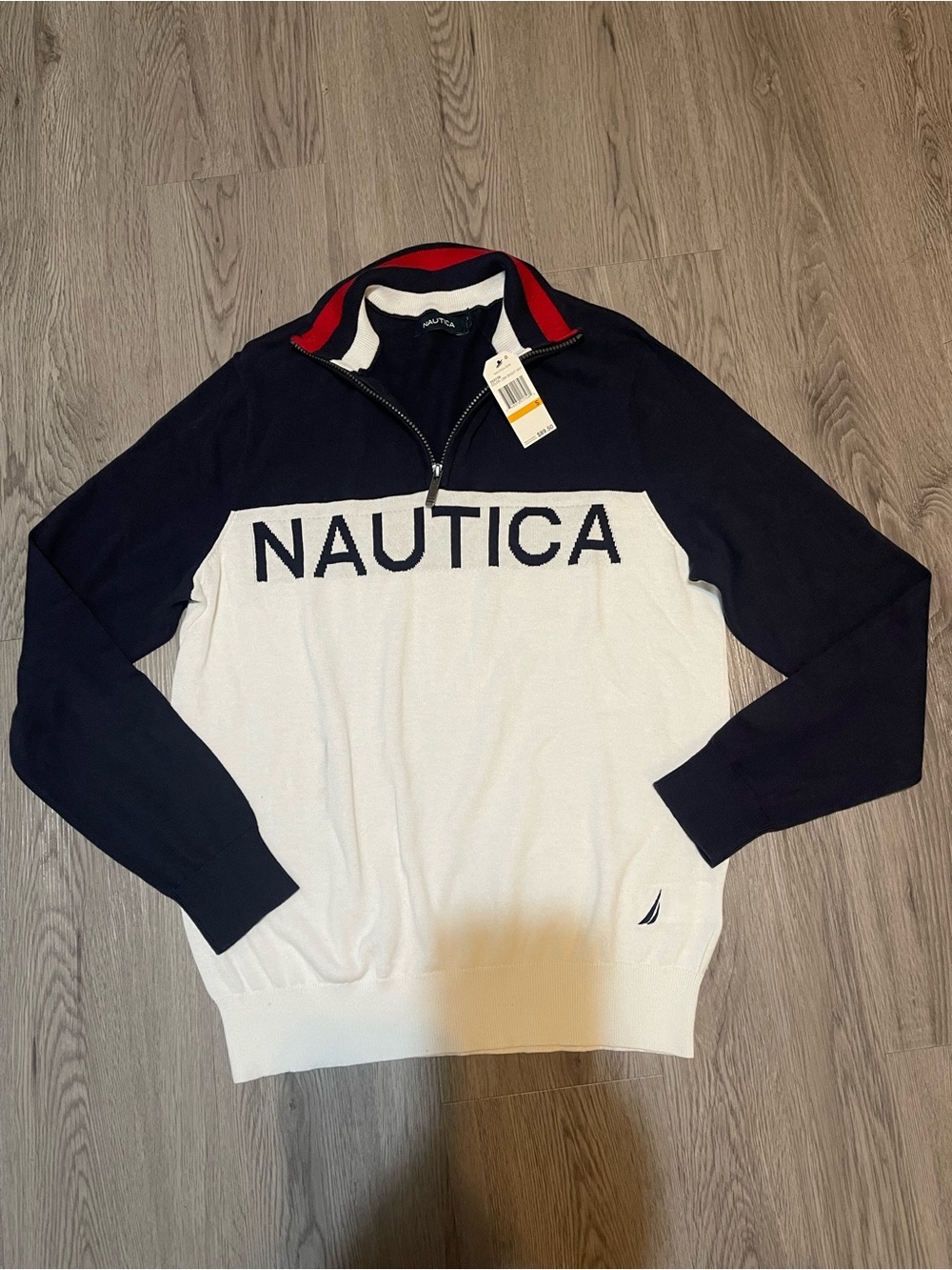 Nautica Men’s Navy, White & Red Zip Pullover Sweater